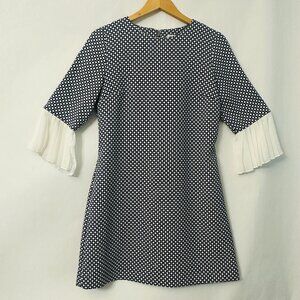 New York & Company Stretch Dress Blue White Geometric Pattern Chiffon Cuffs Sz M